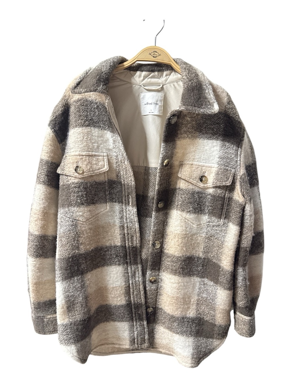 Aritzia Wilfred Free Plaid Teddy Jacket in Beige and Gray Womens Size:(S)